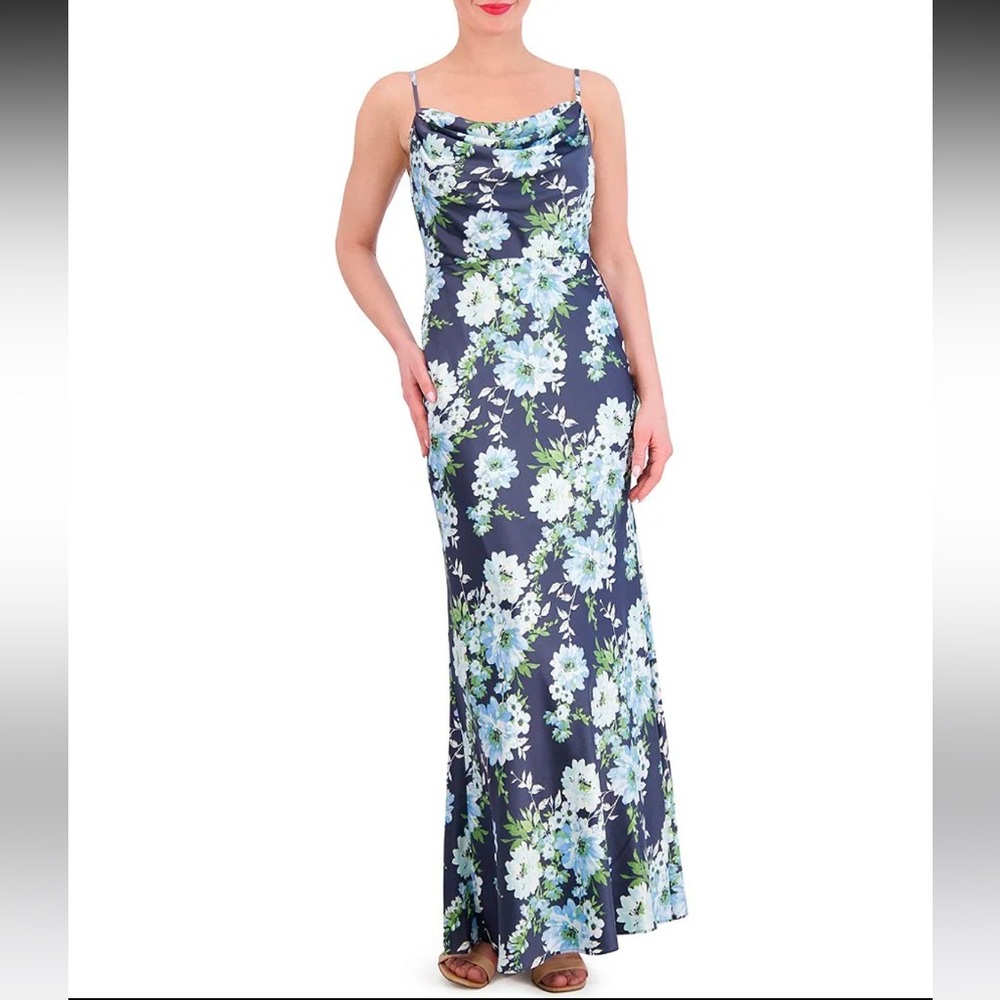Vince Camuto Navy Floral Print Cowl Neck Sleeveless Mermaid Maxi Dress, 0
